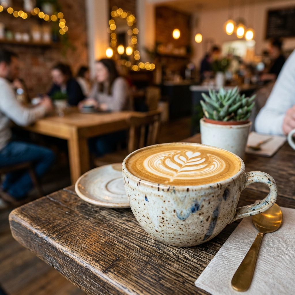 Close-up of premium latte art in a ceramic cup